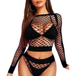 🆕 Women Black Sexy Mesh Lingerie Fishnet Babydoll Long Sleeve Bodysuit Shirts
